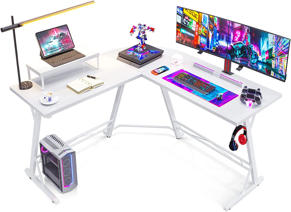 L-Shaped Gaming Desk with Monitor Stand, White