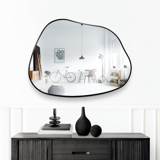 19"X24" Asymmetrical Mirror, Irregular Wooden Framed Decorative Mirror for Livingroom Bedroom Bathroom Entryway over Sink Vanity, Horizontally or Vertically Wall Mounted, Black, Pluto