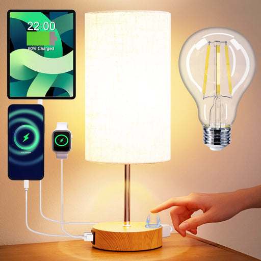 Table Lamp Touch Bedside Lamp with USB Charging Ports and Outlet