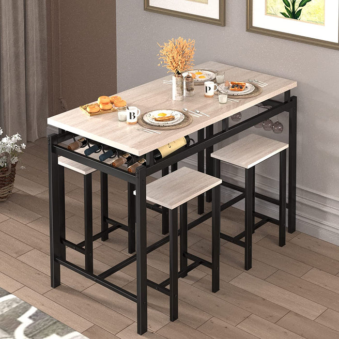 5-Piece Dining Table Set with Wine Rack and Glass Holder, Oak