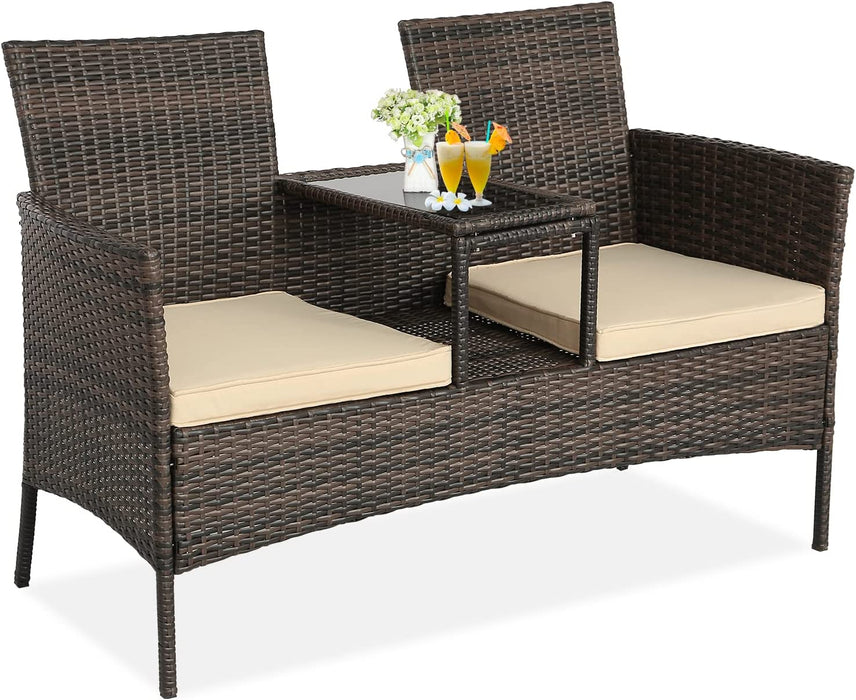 Patio Conversation Furniture Set Outdoor Patio Loveseat Rattan Chair Set with Cushions and Built-In Coffee Table Porch Furniture for Garden Lawn Backyard (Brown/Beige)