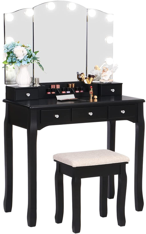 Black Vanity Set with Lighted Mirror and Drawers