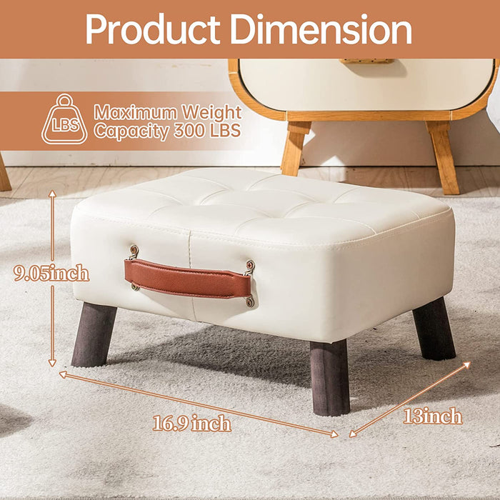 Beige Leather Footrest with Wood Legs