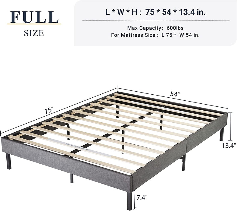 Full Size Upholstered Platform Bed Frame, Wood Slat Support, Low Profile