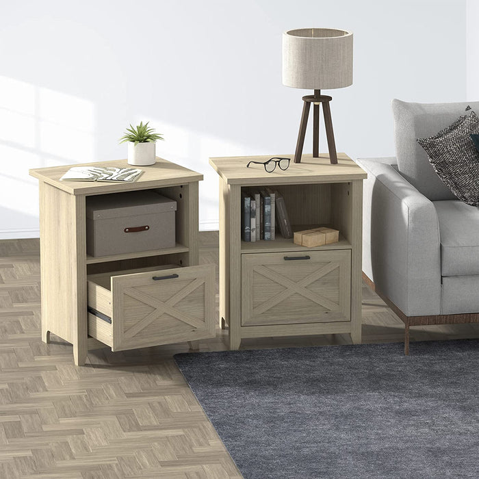 Beige Wood Nightstand with Storage Drawer and Cubby