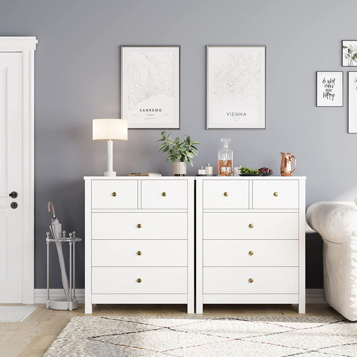 White Wood Nightstand with 5 Drawers