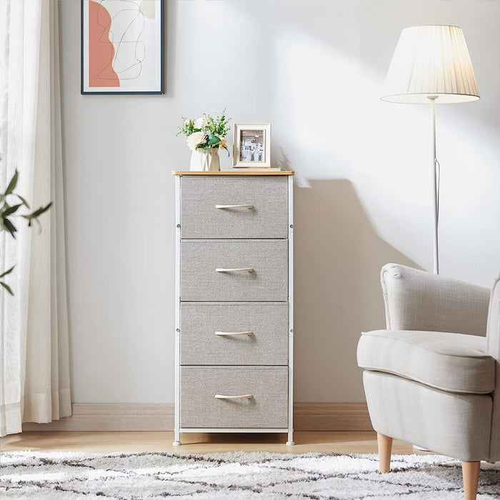 4-Drawer Tall Dresser with Removable Fabric Bins, Grey/Natural Maple