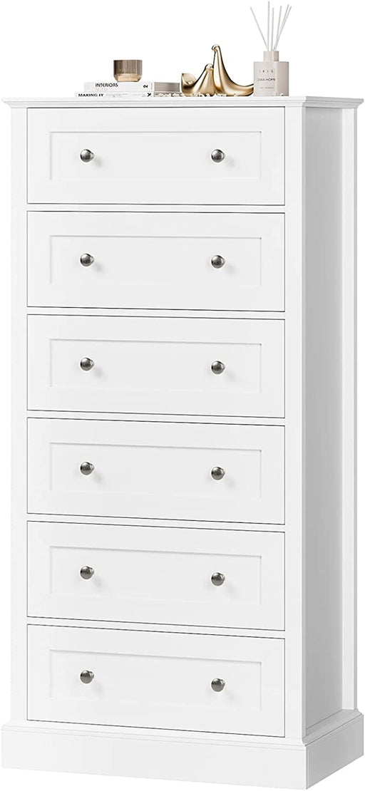 6 Drawer Tall White Dresser, Metal Double Handles