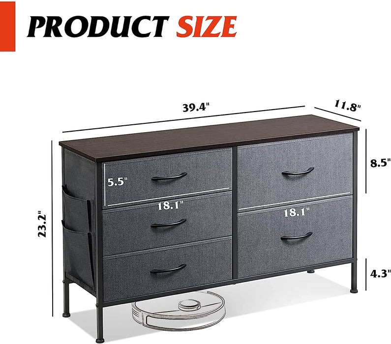 Wide 5-Drawer Dresser with Drawer Organizers, Dark Grey