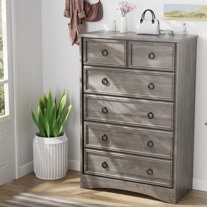 Gray Wash Tall Dresser with 6 Drawers for Bedroom Storage