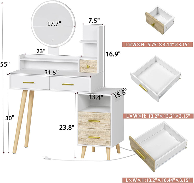 White Vanity Desk with Mirror, Lights, and Charging Station