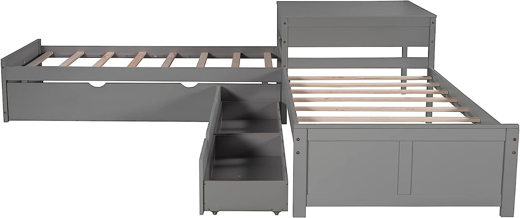 L-Shaped Twin Platform Bed with Trundle, Gray