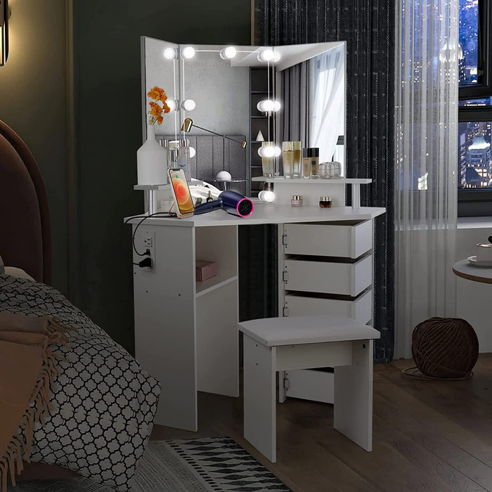 Corner Vanity Desk with Lights and Drawers