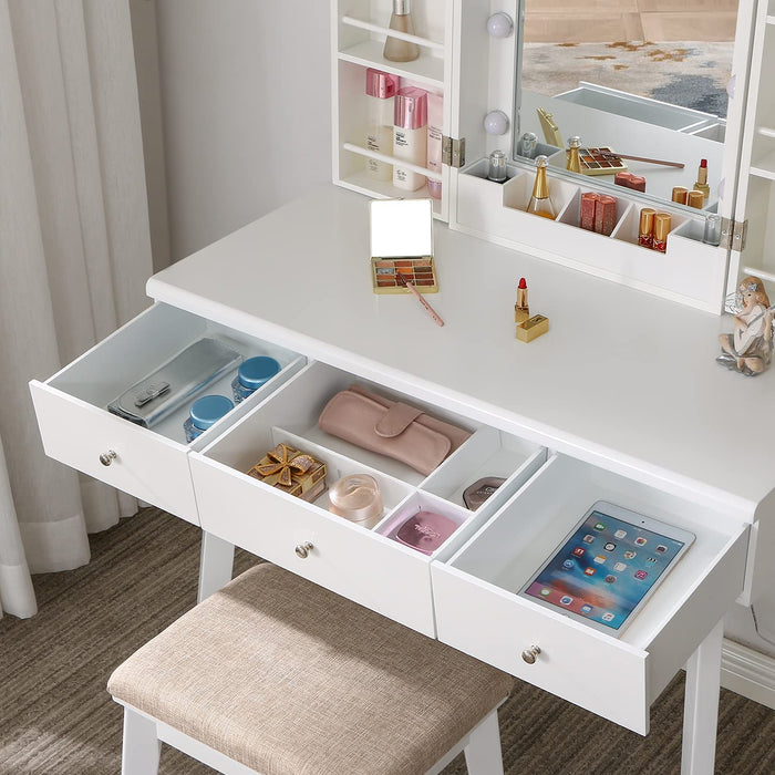 White Vanity Desk Set with Lighted Mirror & Makeup Cabinet