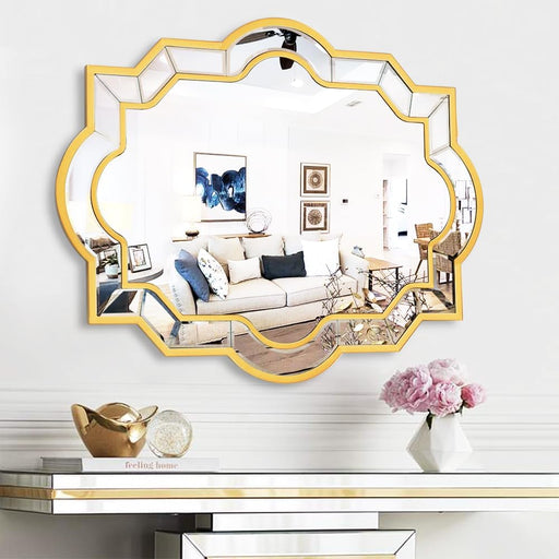 36" X 28" Large Gold Mirror for Wall Decor, Irregular Decorative Wall Mirror with Wood and Glass Frame, Elegant Living Room Mirror Horizontal or Vertical