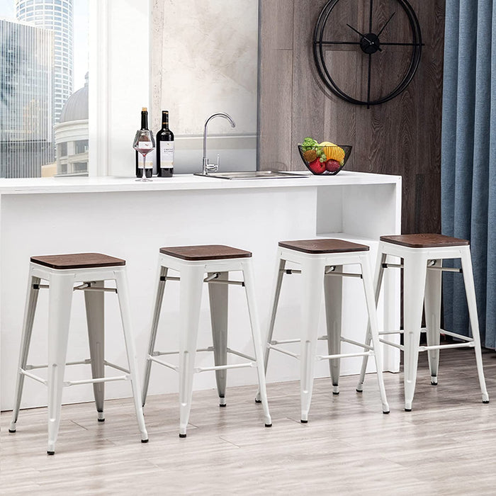 Backless Industrial Metal Bar Stools, Set of 4, White