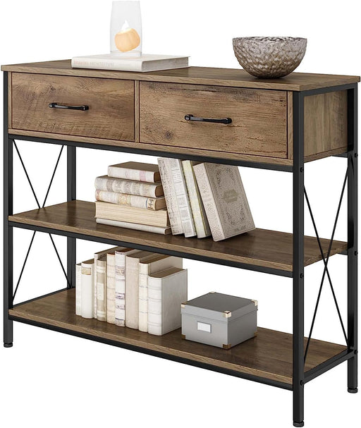 Rustic Brown Industrial Console Table with Storage Shelves