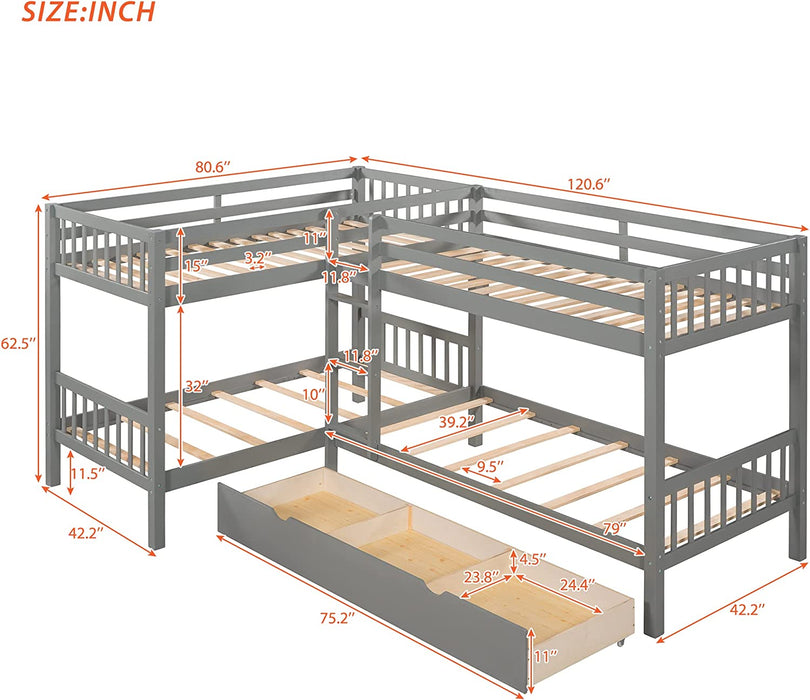 L-Shaped Quad Bunk Bed W/ Storage, Twin, Wood