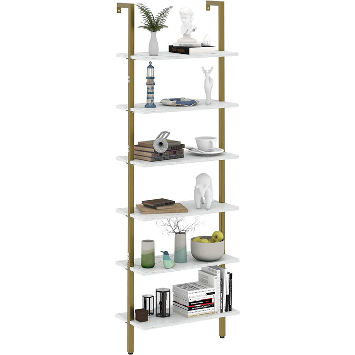Marble White 6-Tier Ladder Shelf Bookcase