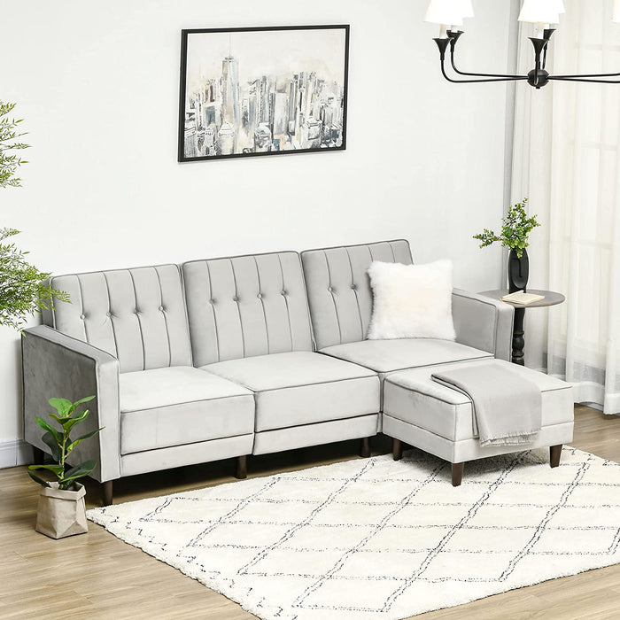 Grey Velvet L-Shaped Recliner Sofa Bed