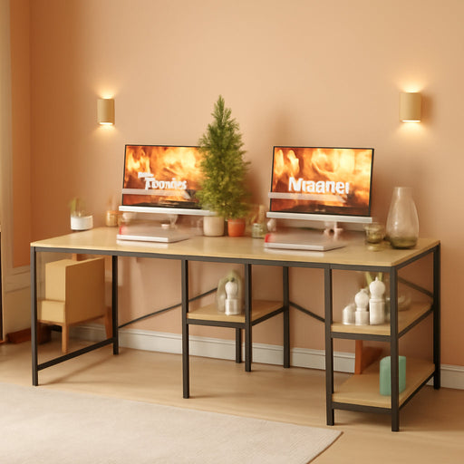 Large Oak L-Shaped Desk with Shelves