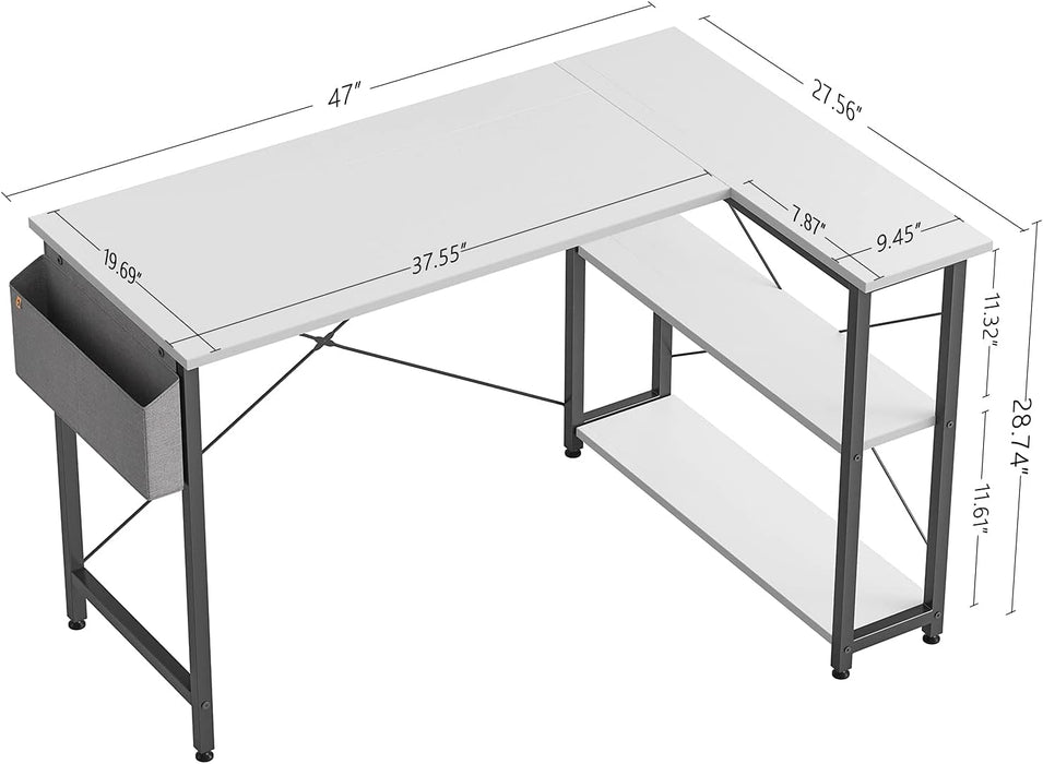 Small L-Shaped Desk with Storage Shelves, White