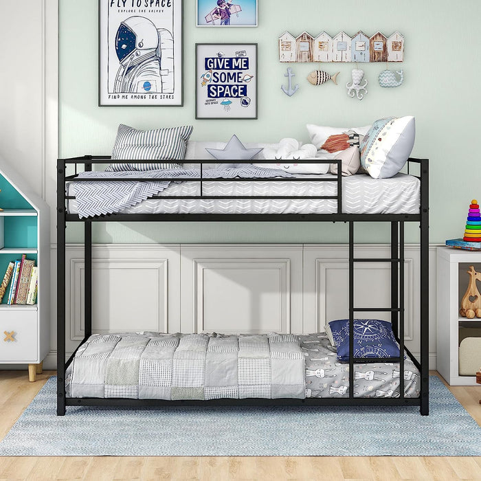 Twin Metal Low Bunk Bed with Guard Rails and Ladder