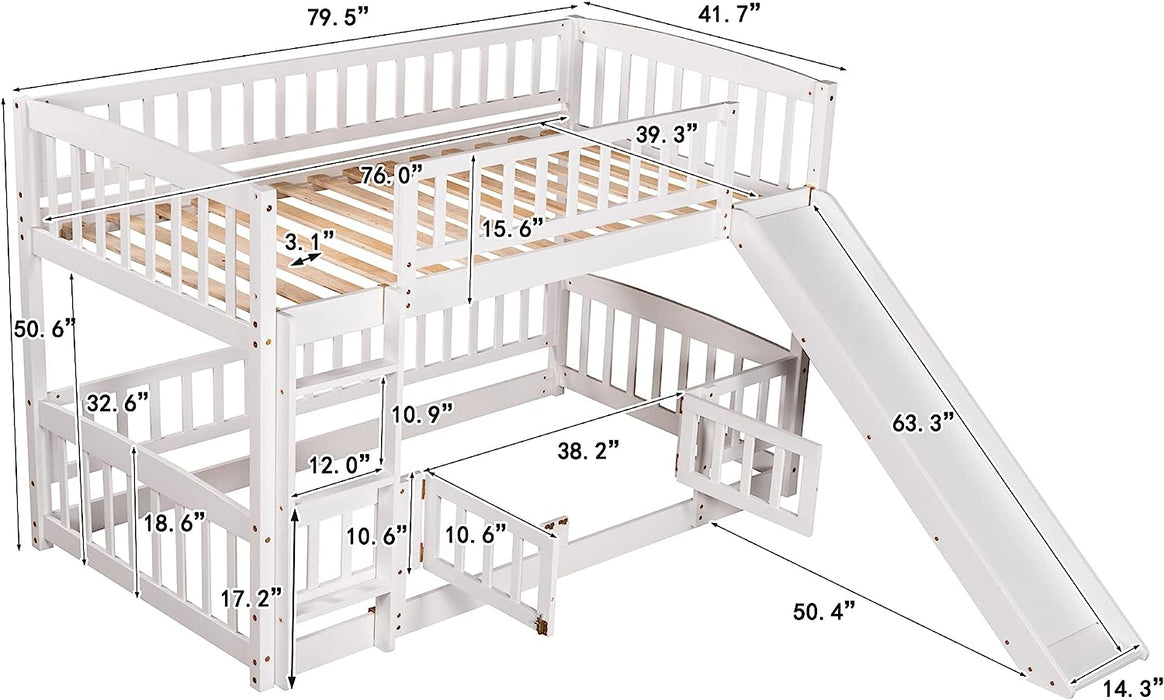 Twin Low Bunk Bed with Openable Fence and Slide, White