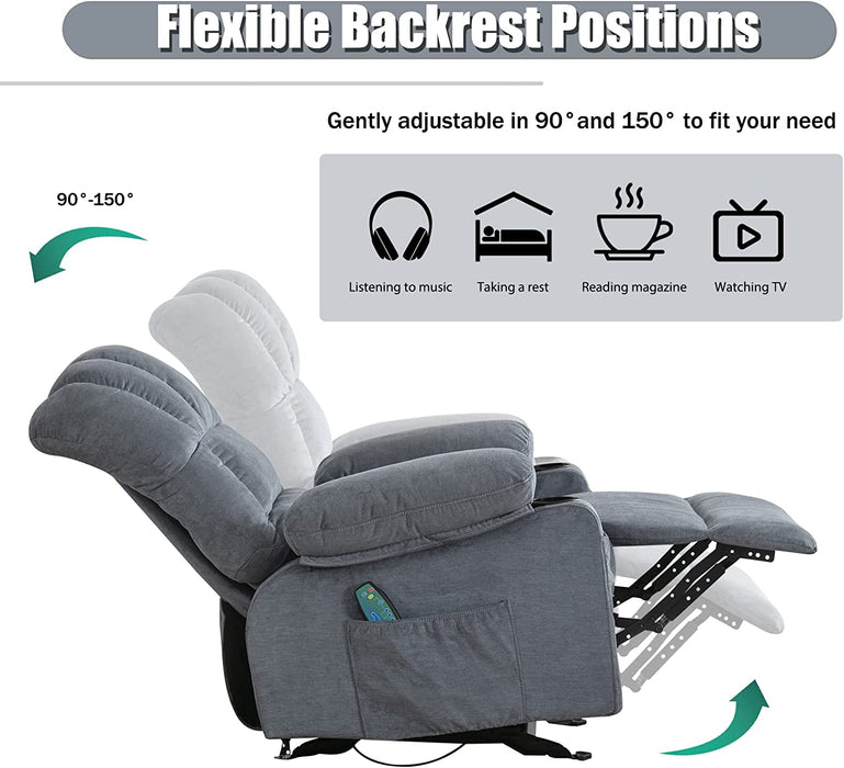 Massage Rocker Recliner with Heat, Fabric, 2 Cup Holders, Pocket