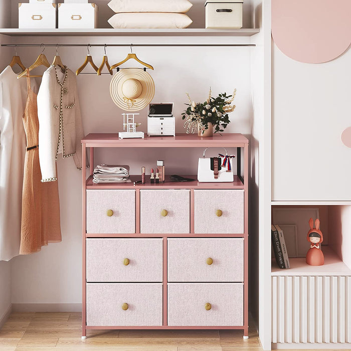 Pink Dresser with 7 Drawers and 2 Shelves