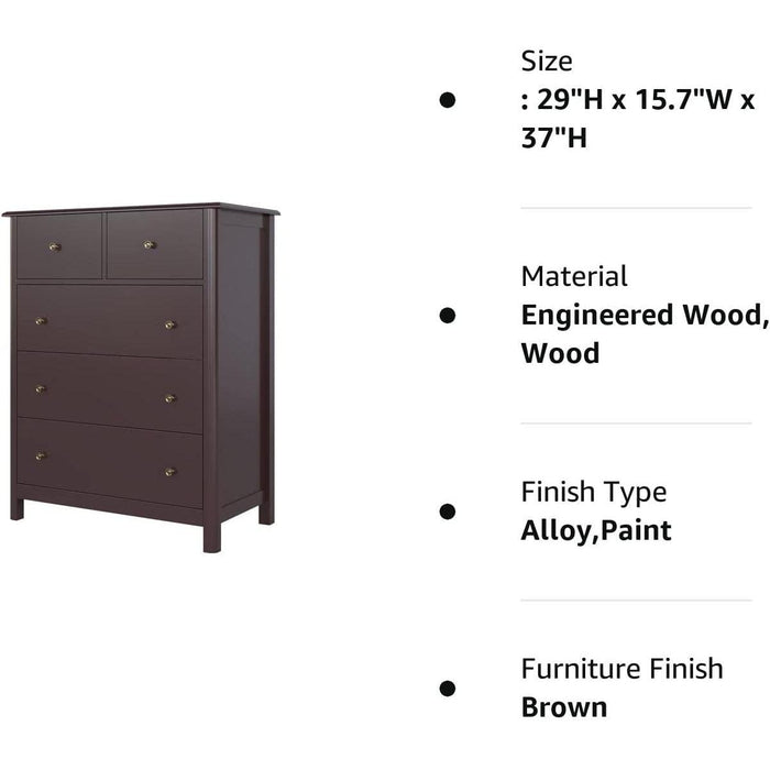 Dark Brown Modern 5-Drawer Chest of Drawers