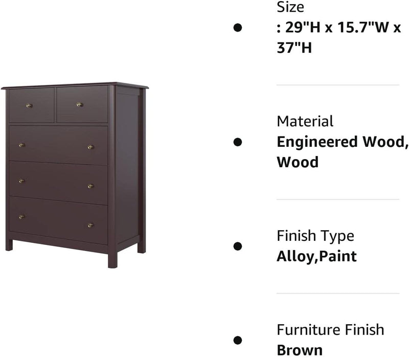 Dark Brown Modern 5-Drawer Chest of Drawers