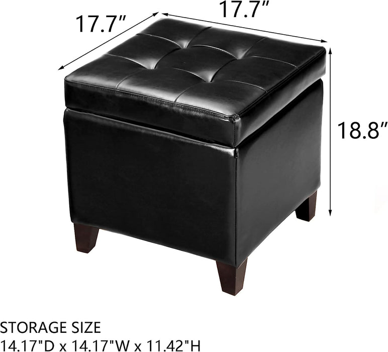 Black Bonded Leather Tufted Cube Footstool with Storage