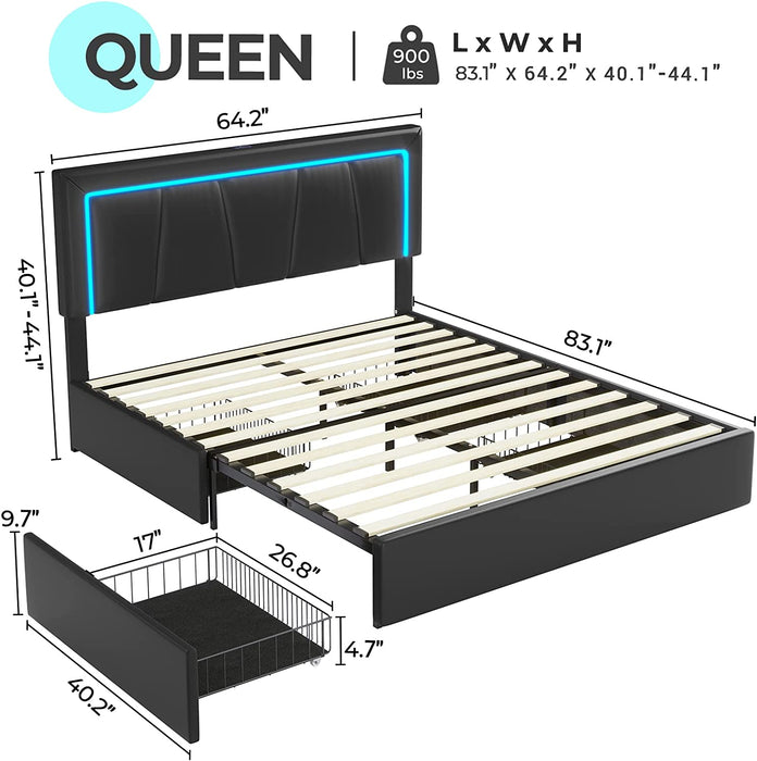 Black Queen Platform Bed Frame W/ Storage Drawers and LED Lights