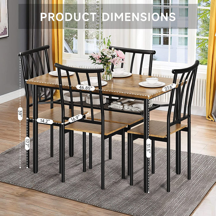 5-Piece Dining Table Furniture Set with Storage Rack, Rustic Brown