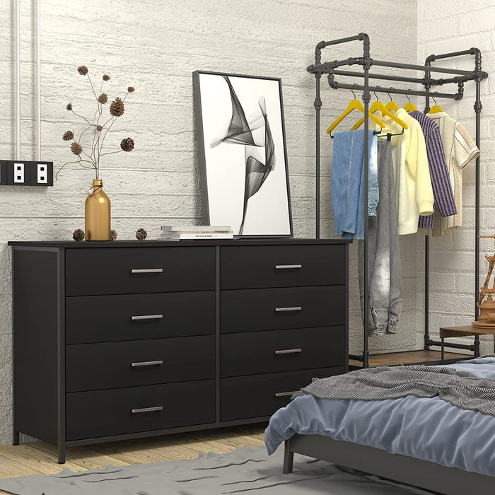 Black Wood 8-Drawer Double Dresser with Steel Frame