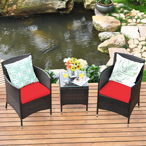 3PCS Patio Rattan Chair & Table Furniture Set Outdoor W/ Red Cushion