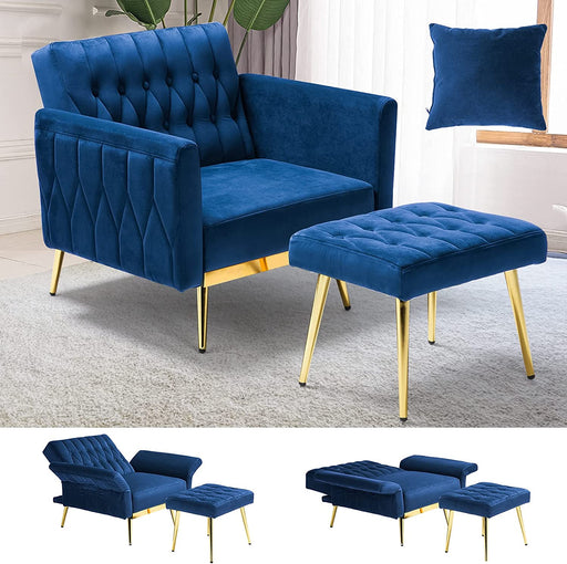 Adjustable Velvet Armchair with Ottoman, Blue