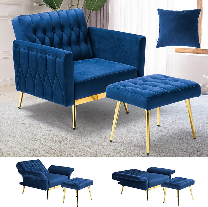 Velvet Accent Chair with Adjustable Armrests, Blue