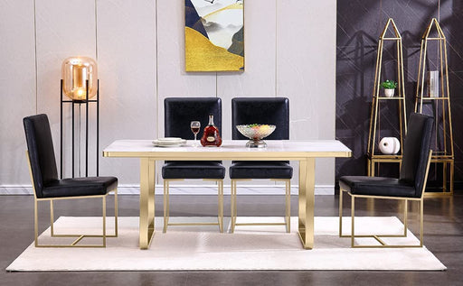 7-Piece Gold Dining Table Set with Black Leather Chairs