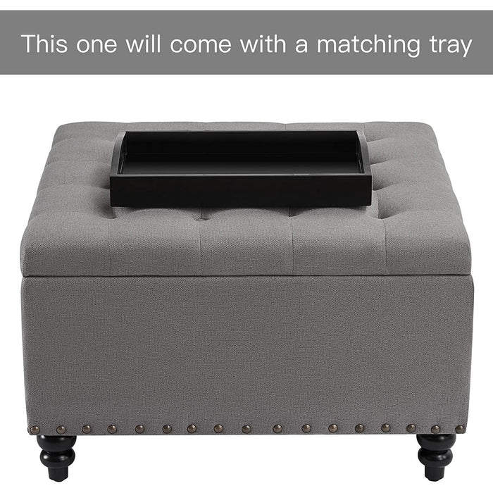 Grey Tufted Ottoman with Storage and Tray
