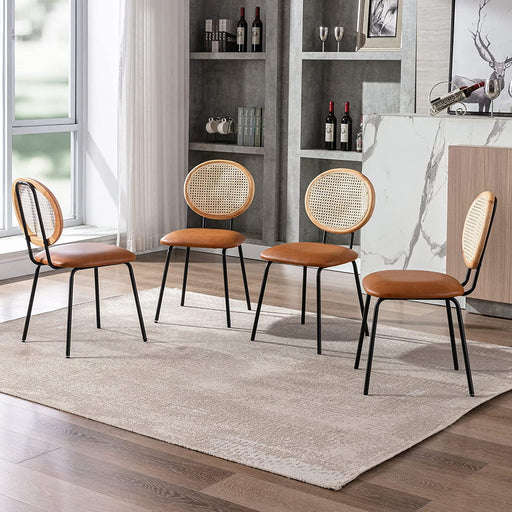 Set of 4 Brown Faux Leather Kitchen Dining Chairs with Rattan Backrest