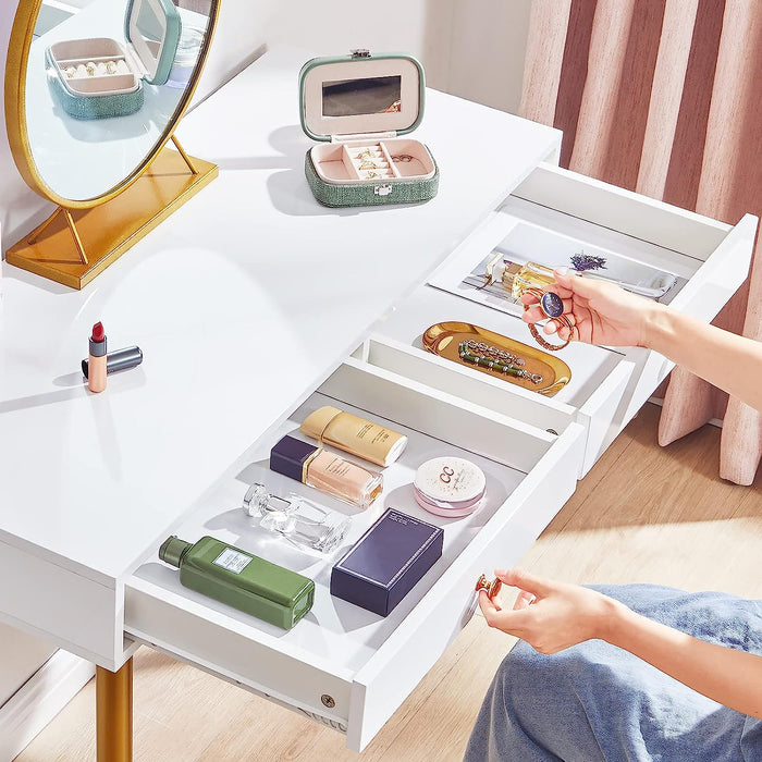 Glossy Top White and Gold 2-Drawer Vanity Desk