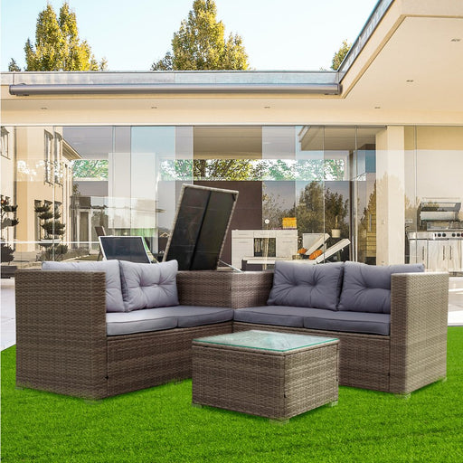 4 Piece Patio Furniture Sets, Patio Sectional Wicker Rattan Outdoor Furniture Sofa Set with Storage Box, Grey