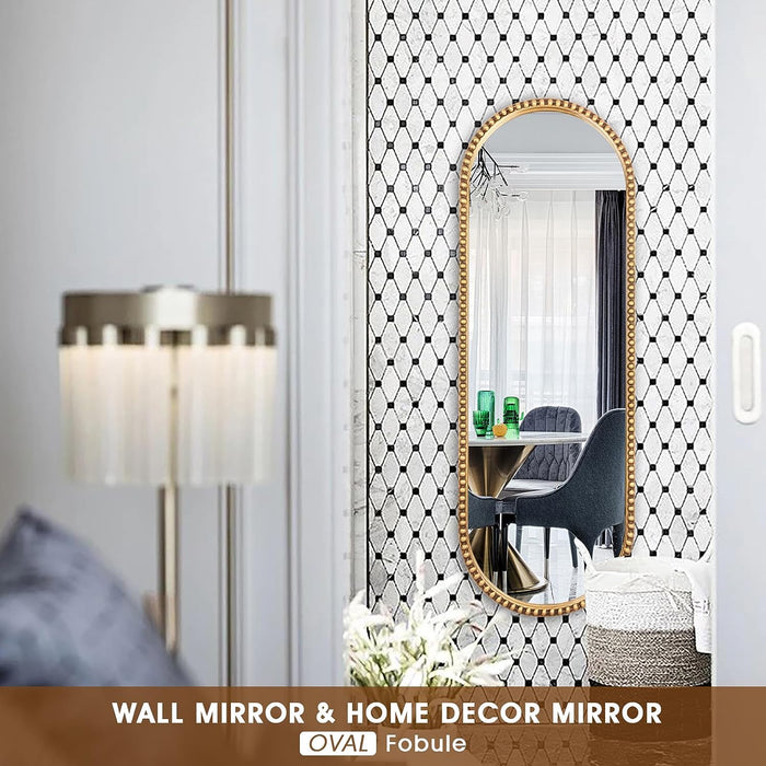 Oval Full Length Mirror, 16"X47" Metal Beaded Frame Mirror for Wall, Large Hanging Dressing Floor Mirror for Bedroom, Living Room, Entryway, Antique Gold (No Stand)