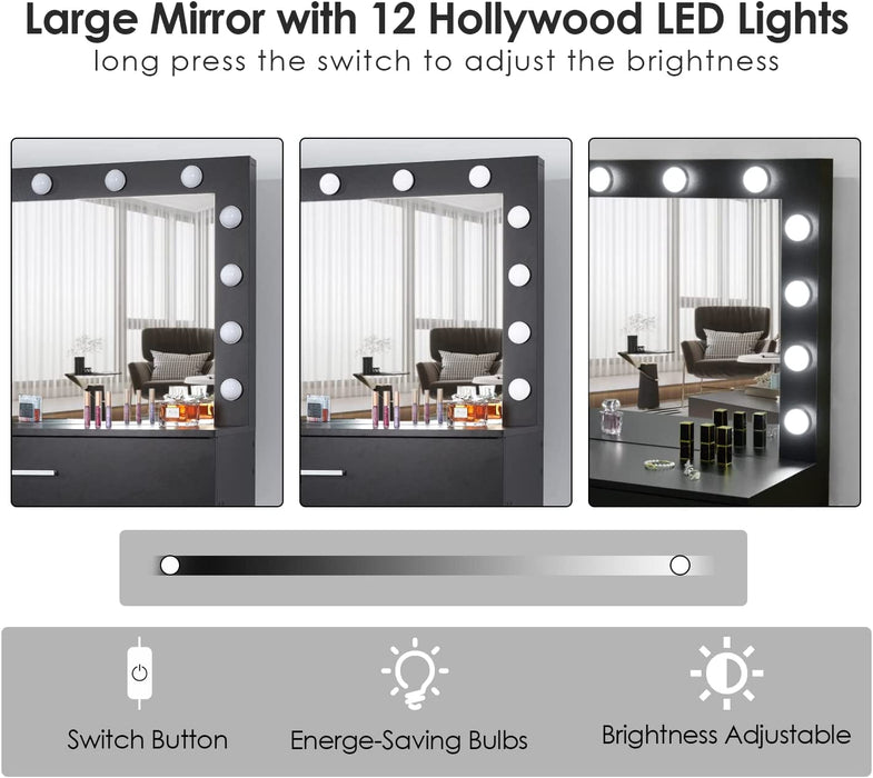 Lighted Mirror Vanity Table Set for Girls