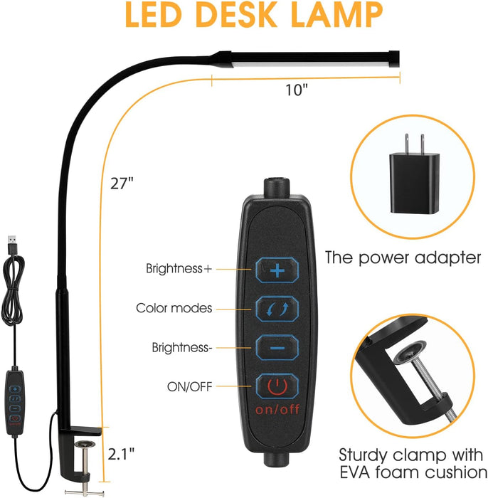 LED Desk Lamp with Clamp and Swing Arm in Black