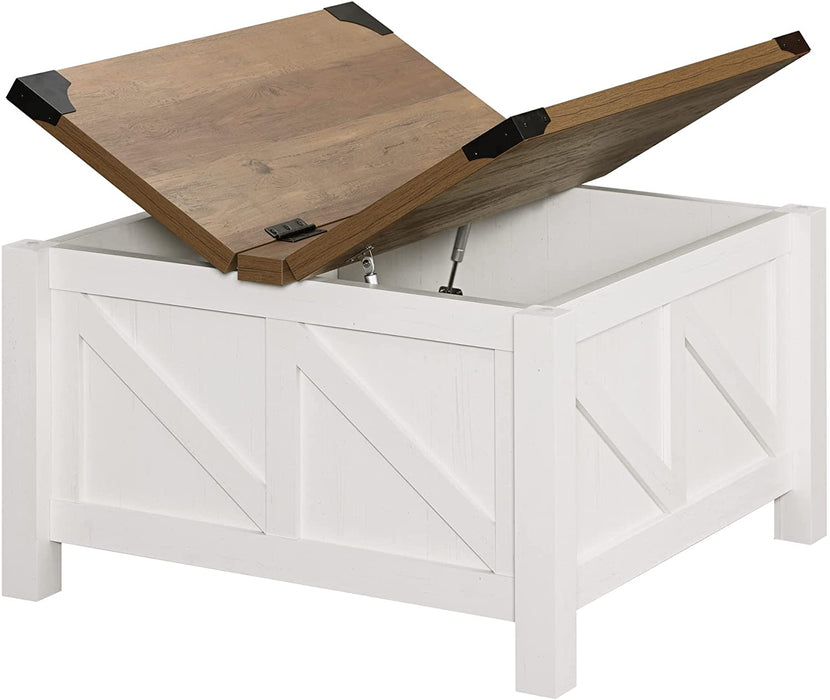 Modern Lift-Top Farmhouse Coffee Table with Hidden Storage, White