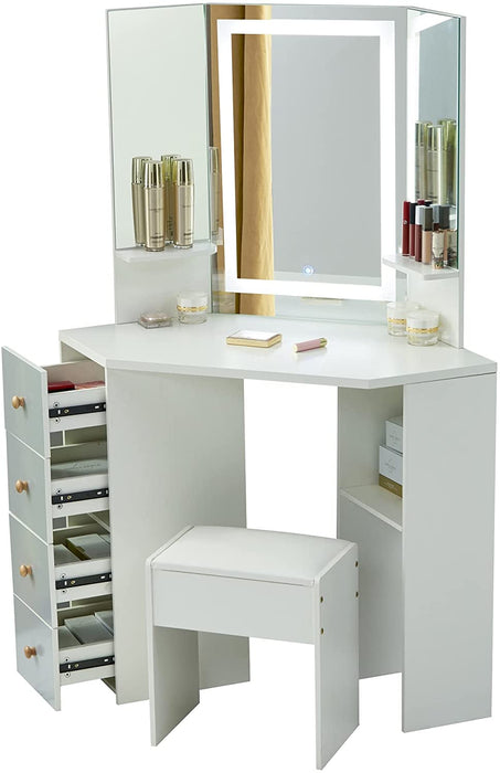 White Vanity Set with Three-Fold Mirrors LED Touch Mirror