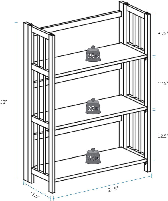 Folding Espresso Bookcase, Stackable, 3-Shelf, 27.5″ Wide